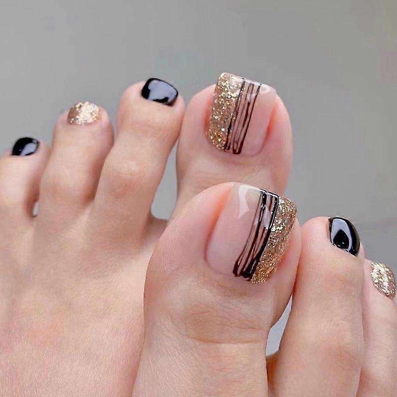 24 Pack False Toenails Short Square Black Lines Gold Powder False Toenails Artificial Toenails For Summer Beach Full Coverage Toenails Women