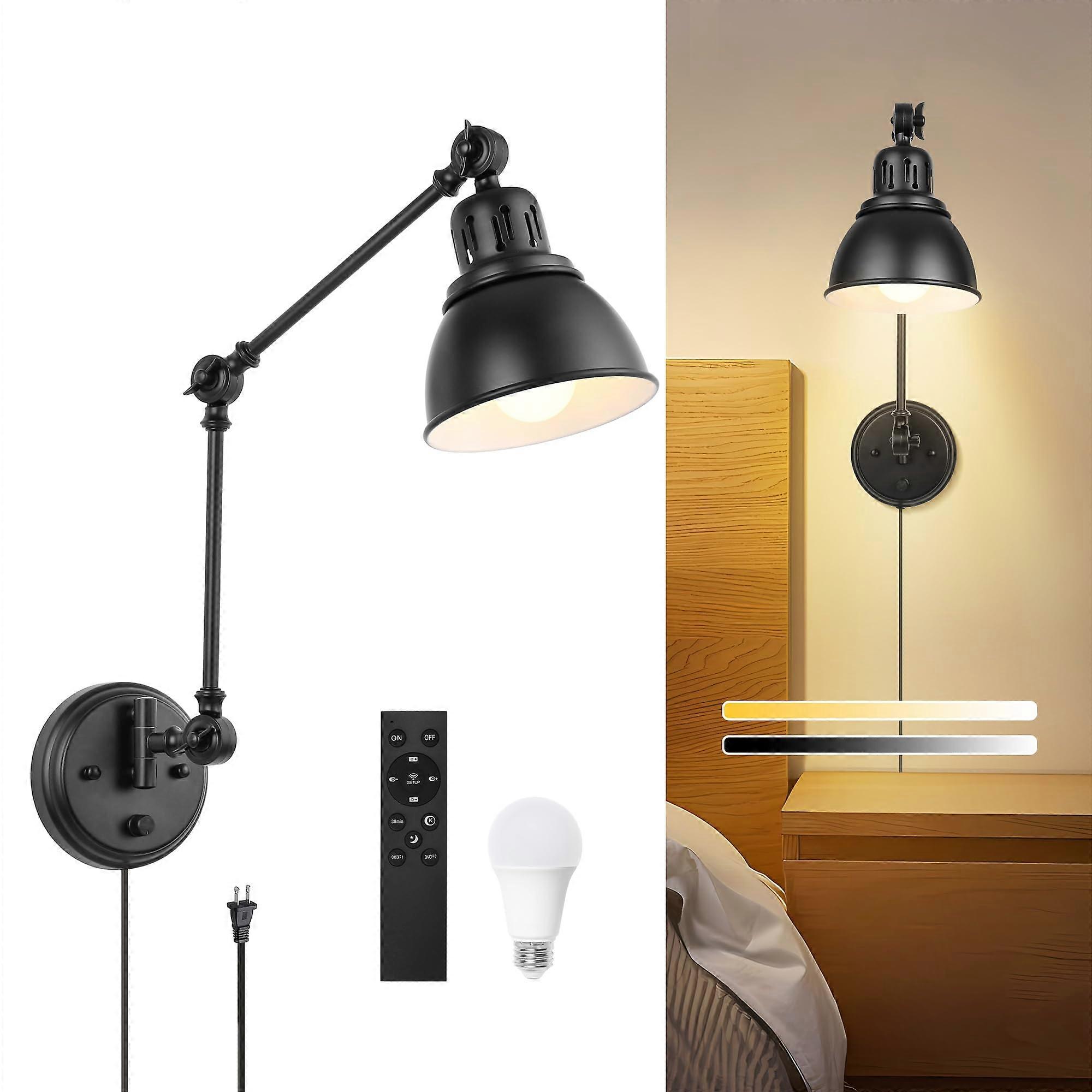 Plug in Wall Sconce with Remote, Dimmable Adjustable Swing Arm LED Wall Lamp with Timer and Night Light, Black