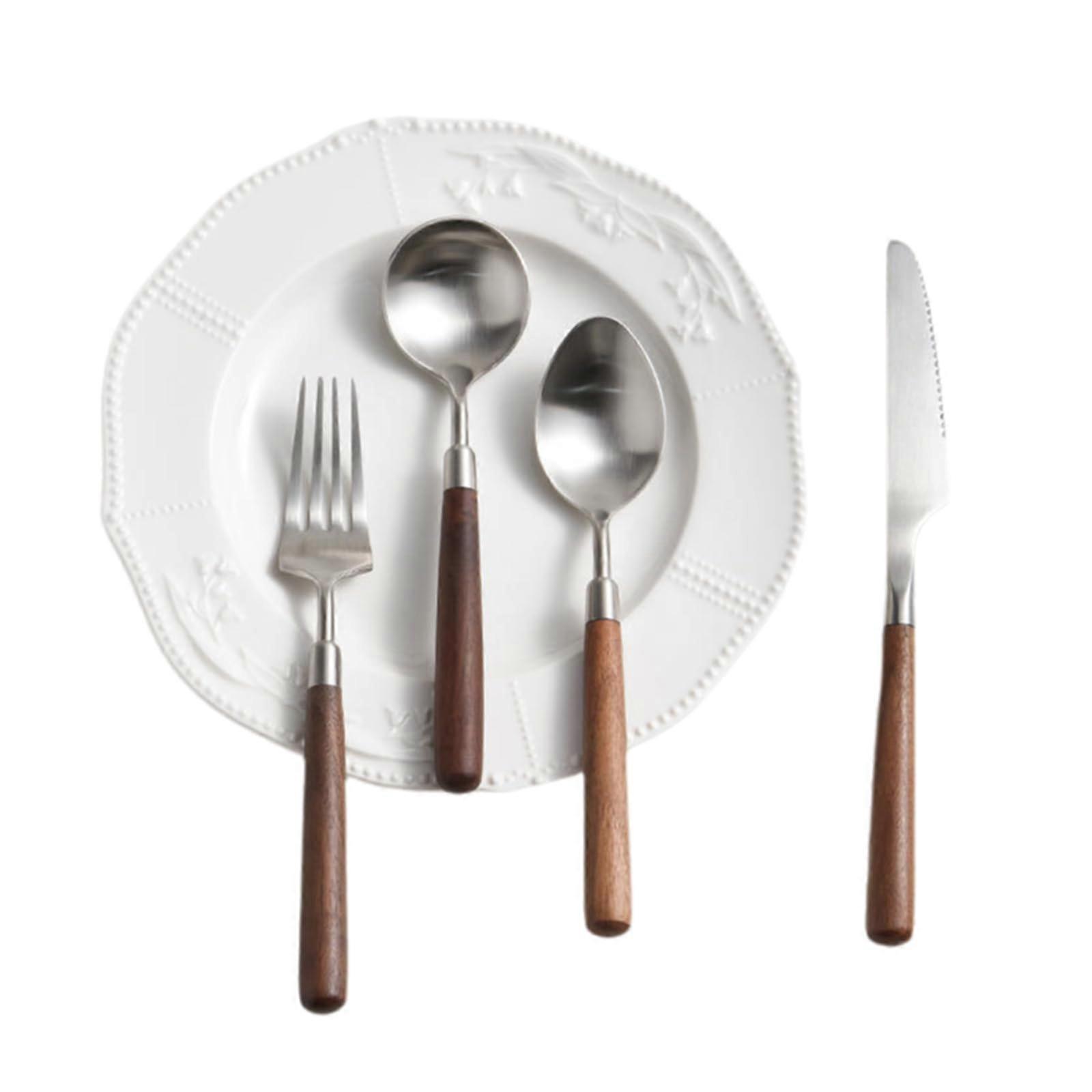 16Piece Stainless Steel Flatware Set with Polka Dot Black Walnut Handles, Service for 4