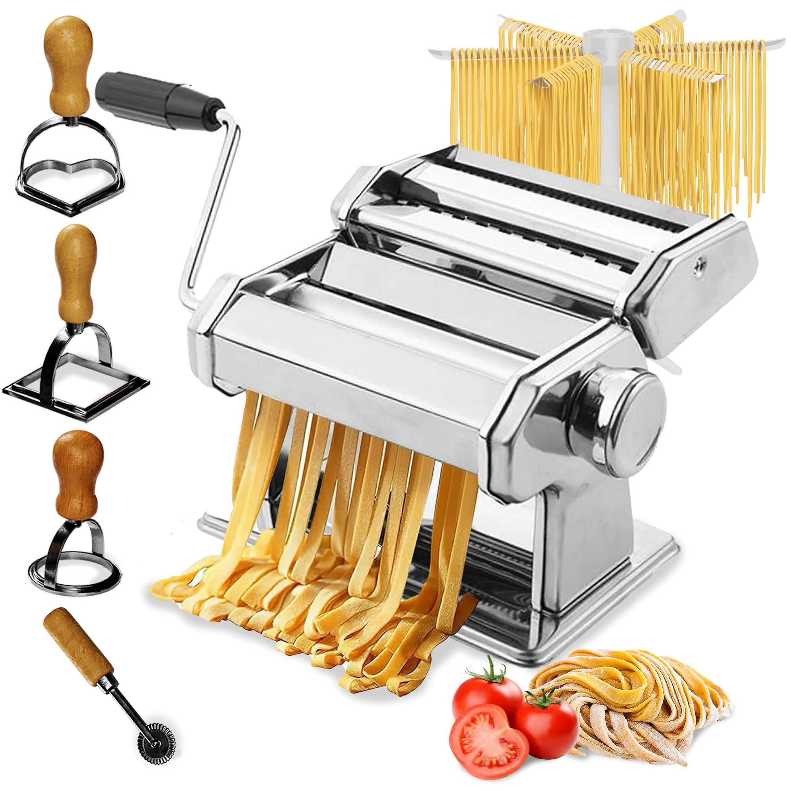 Manual Pasta Maker Stainless Steel 150mm Roller with 9 Thickness Settings Cutter and Drying Rack
