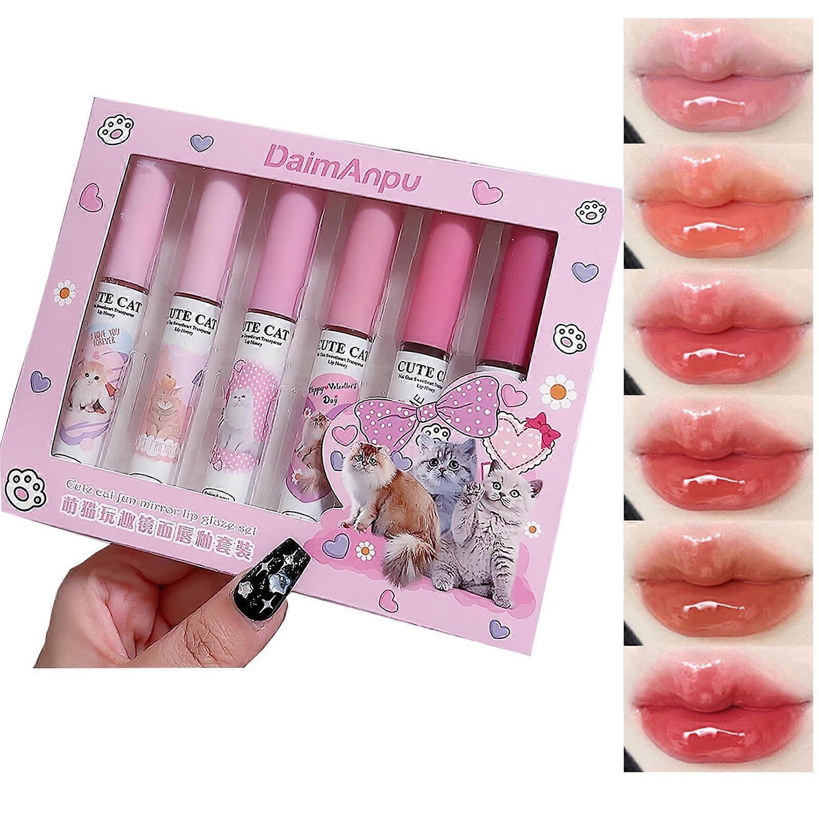 Lip Gloss Set 6Pcs Long Lasting Mirror Shine Plumper  Moisture Cat Lover Gift