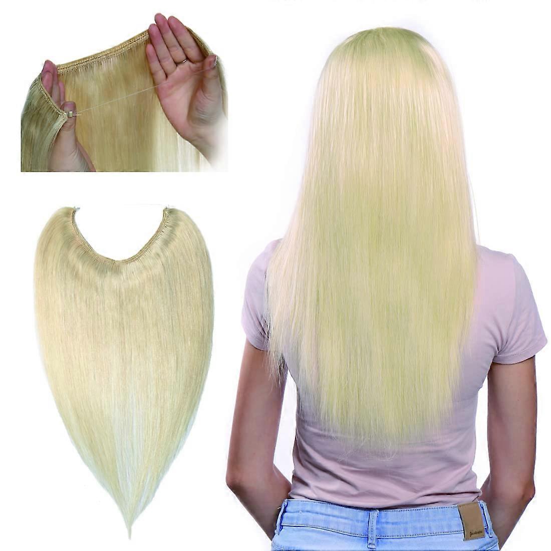 Invisible Double Wire Human Hair Extensions 22 Inch Platinum Blonde Seamless Hidden String