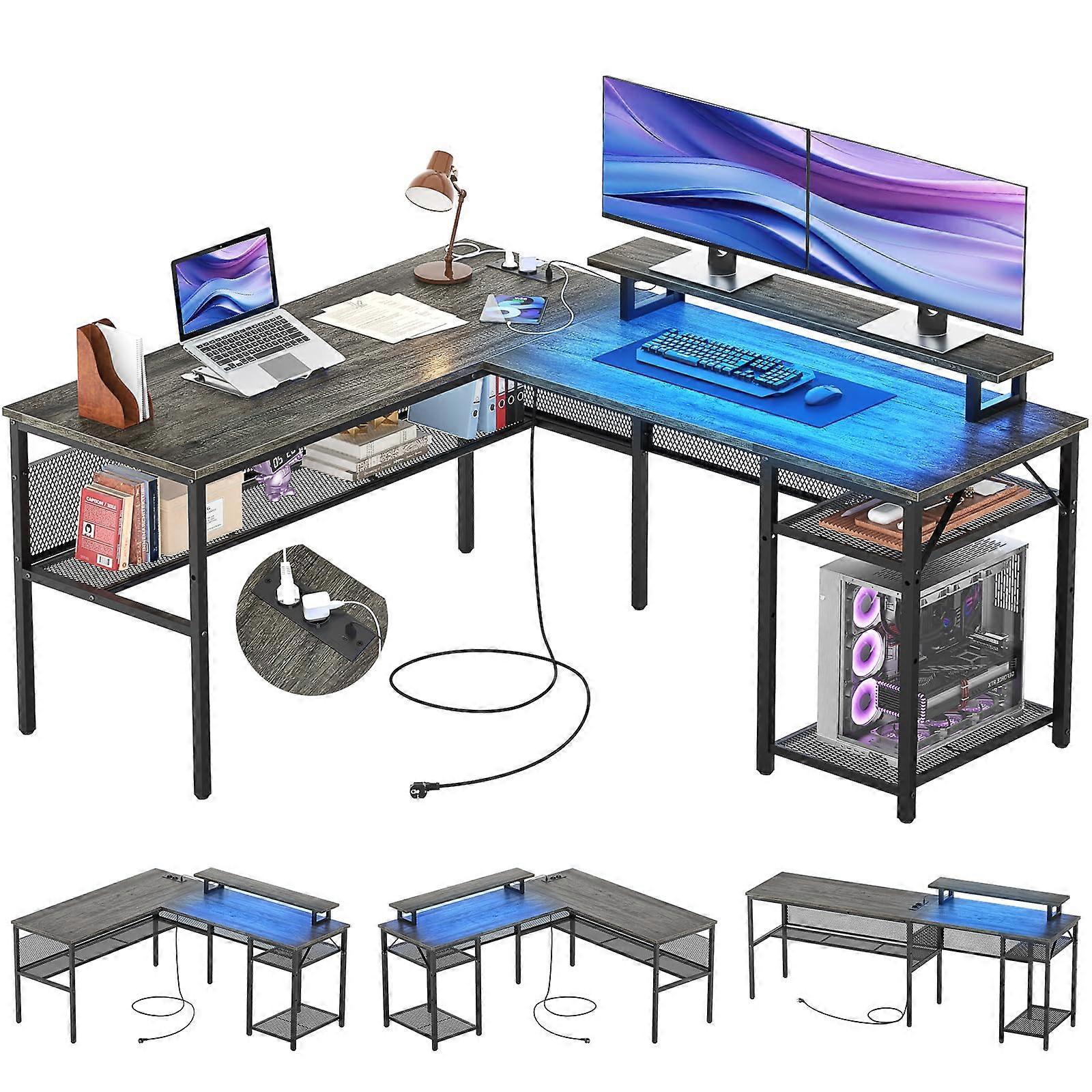 LShaped Gaming Desk with Storage, Reversible Corner Computer Desk, Grey Oak Office Workstation