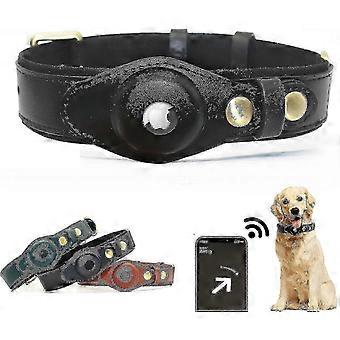 Adjustable Natural Cowhide Leather Dog Collar with Holder for Apple AirTag Pet Tracker Accessory motong