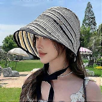 Dames bucket hat met brede rand, gestreept design en verstelbare strik - UV-bescherming tegen de zon