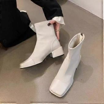 Spliced Block Heel Single Boots Autumn New Square Toe Spliced Zipper Soft Sole Non-Slip Wear-Resistant Single Shoes