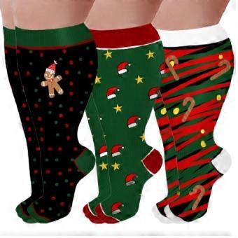 3 Pairs Christmas Pattern Athletic Wide Calf Compression Socks for Men and Women Running Flight Travel Nurses Pregnant