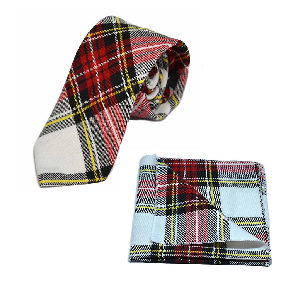 Traditional White &amp; Red Tartan Tie &amp; Pocket Square Set