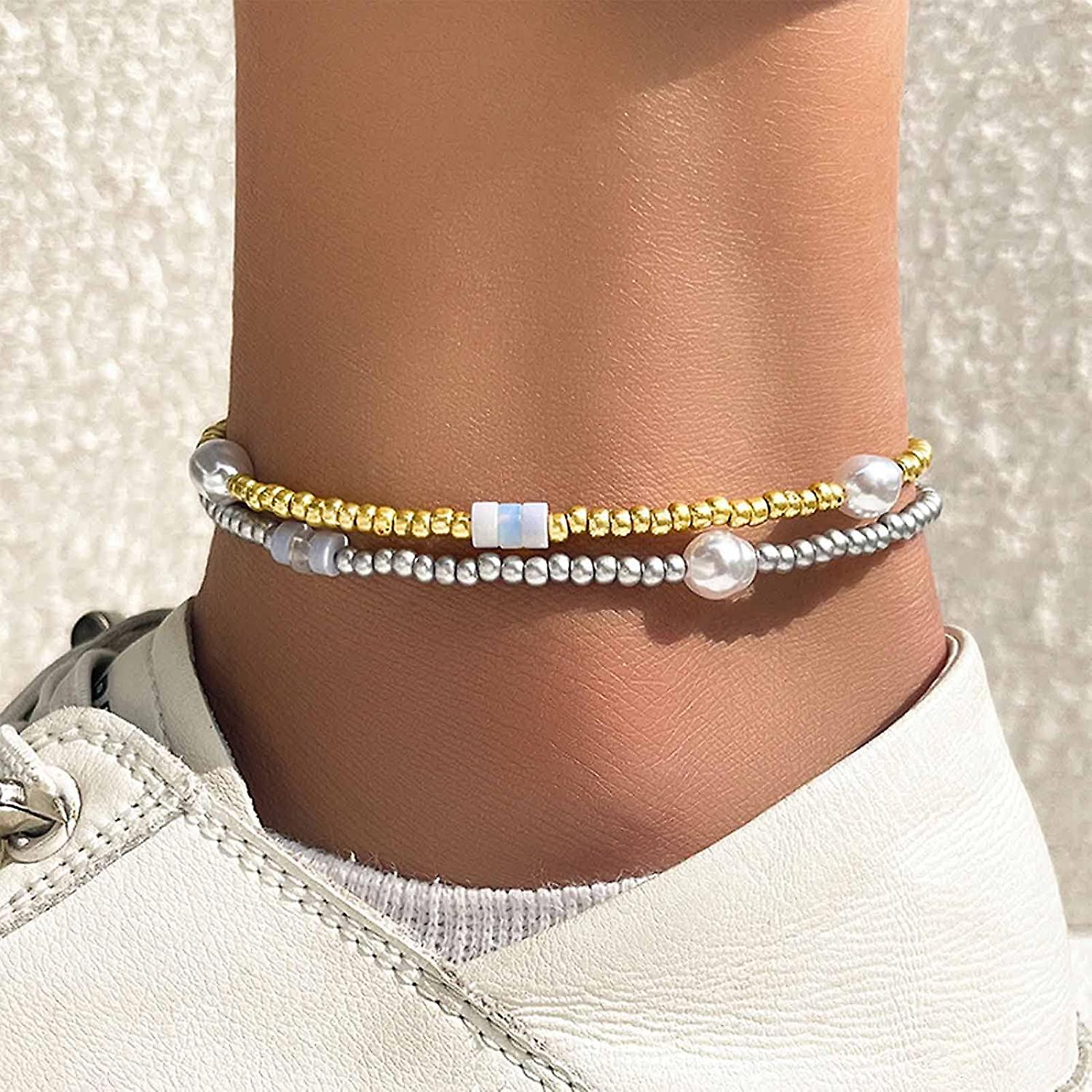 Boho Layered Pearl Anklet Bracelet Gold Silver Faux Pearl Ankle Chain Layered Charm Anklet Minimalist Summer Beach Anklet