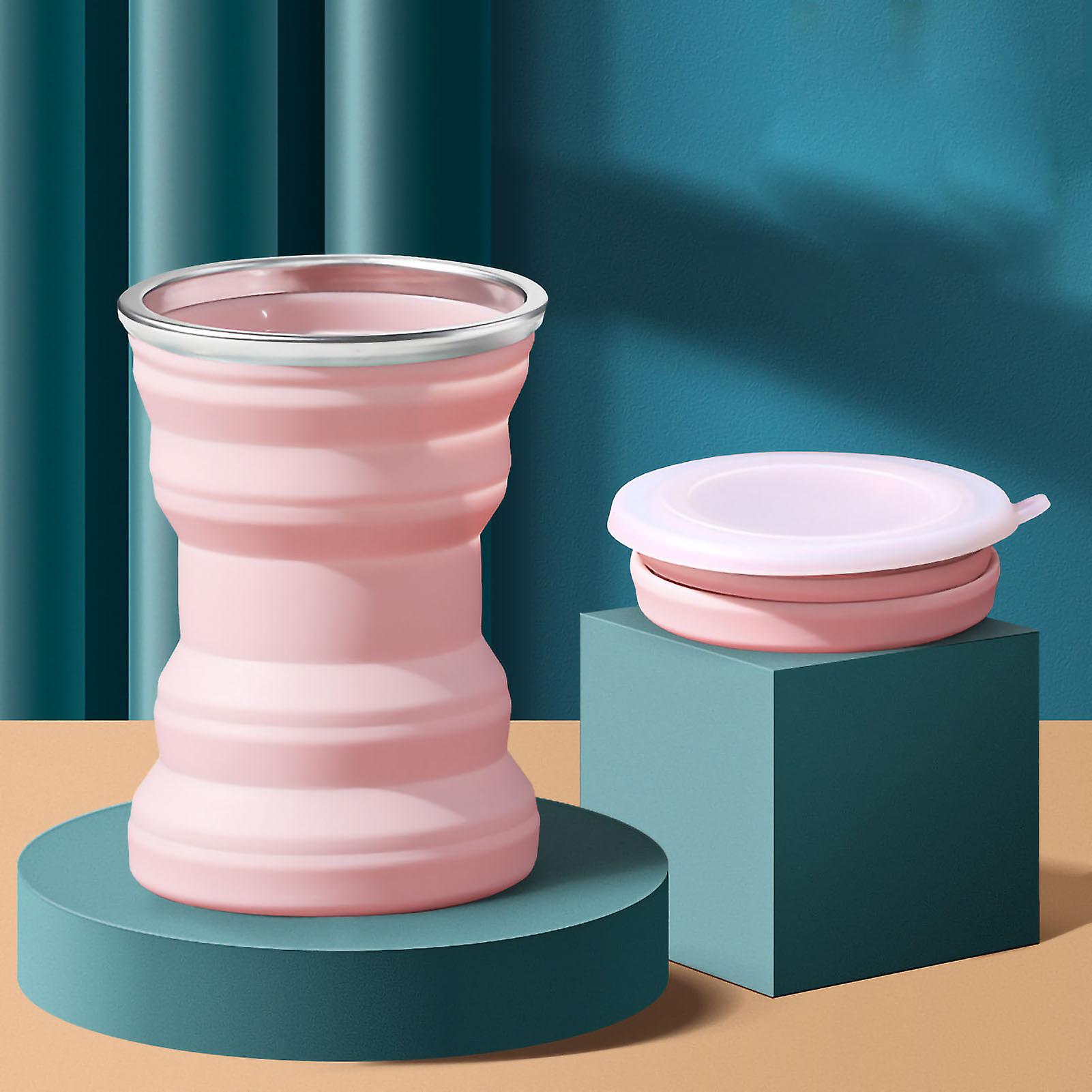 Folding Cup Silicone Ingenious Portable Space Saving Mini Foldable Cup with Lid for Outdoor Travel 320ML Sakura Pink