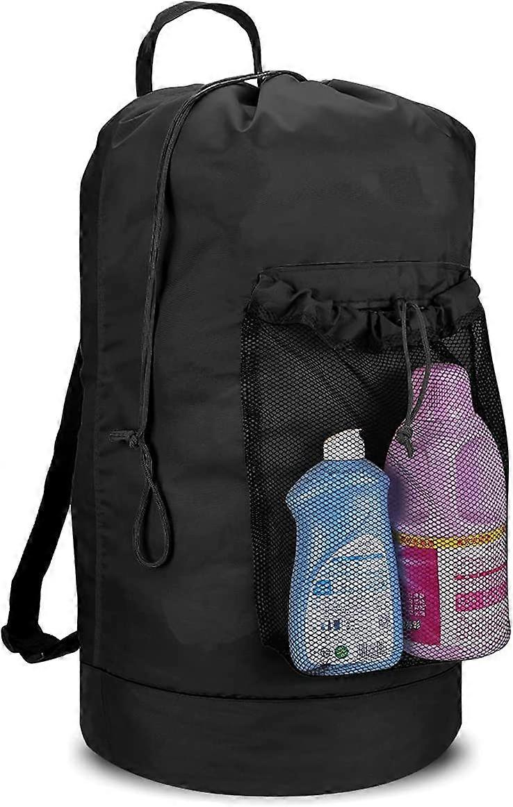 Durable Backpack Laundry Bag Mesh Pockets With Drawstring Closure 33X74cm(Black)