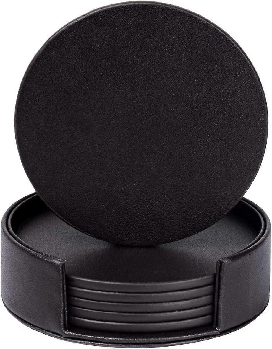 PU læder runde coasters, sæt med 6, sort