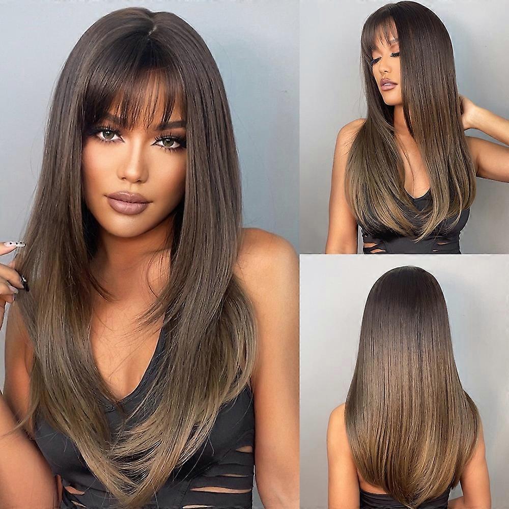 Ombre Noir Noir Marron Synthétique Perruque Avec Frange Perruque De Cheveux Superposés Pour Femmes Noires Partie Cospaly Résistant À La Chaleur