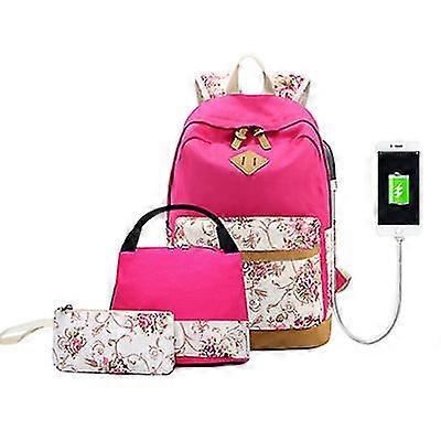 3pcs Rucksack Student Bag with USB [Watermelon Red]