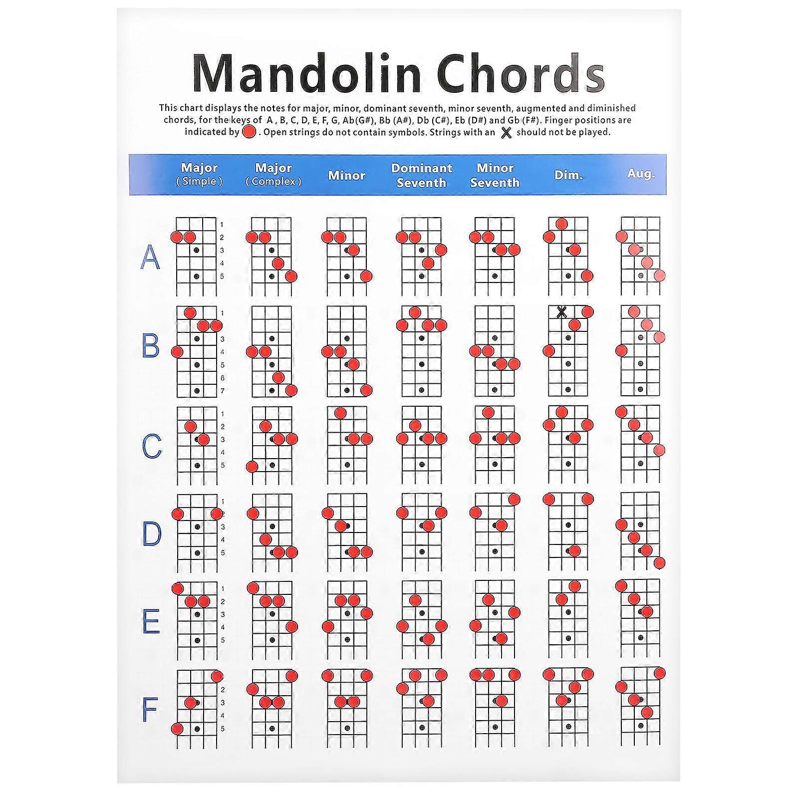 Practical Mandolin Chord Chart Fretboard Notes Coated Paper for Beginners Adult Kid