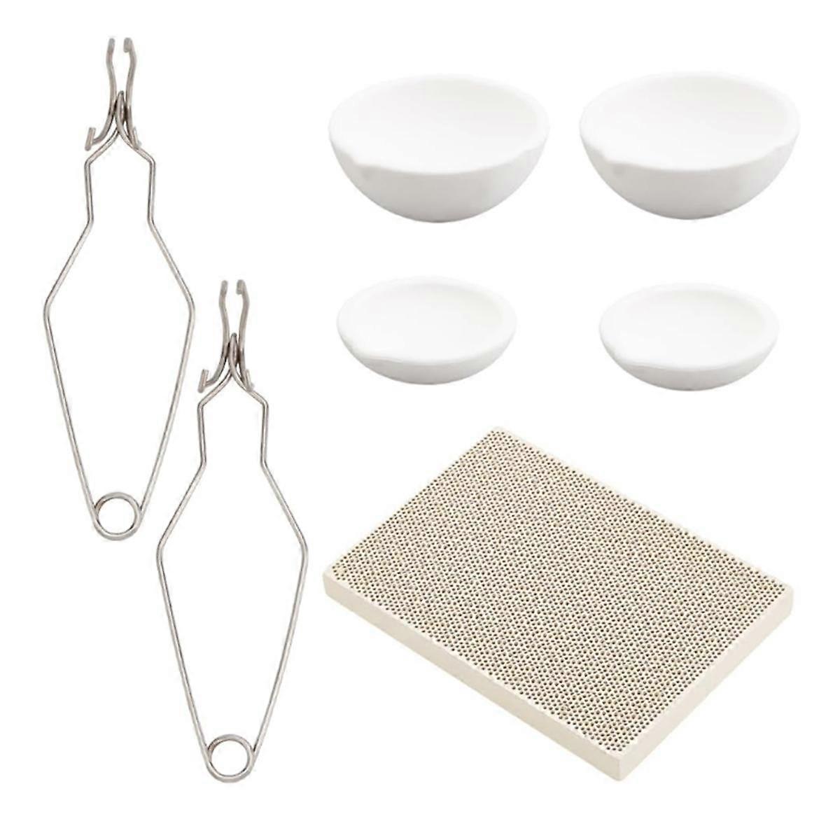 Kit de creuset de fusion 7pcs pour bijoux en métal argenté, avec 4pc en céramique quartz creuset bol plat tasse pot fouet pince poignée