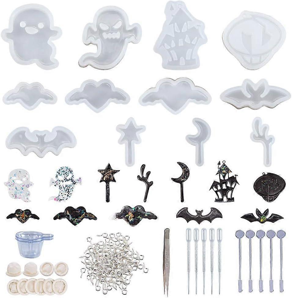 12pcs Halloween Theme Silicone Molds Resin Jewelry Casting Mold Kit with Tools 153pcs in Total for Epoxy Resin Jewelry Making and Art Projects