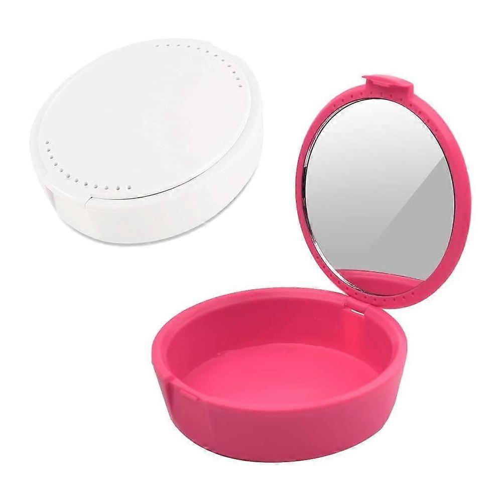 Partial Storage Box for Dentures and Braces, with Mirror (Pink + White)