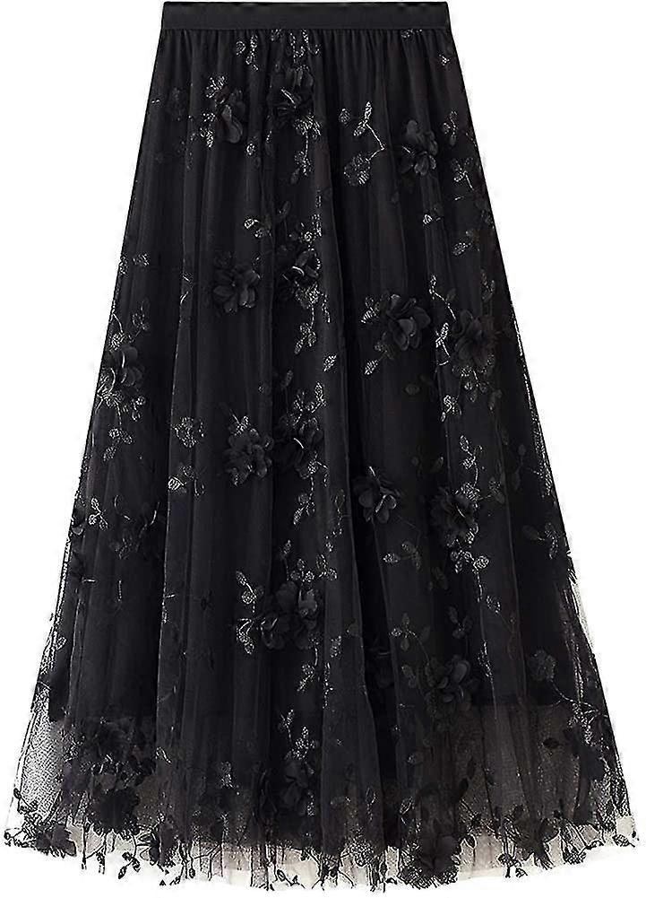 Teen Chiffon Tulle Stretch Floral-print Mesh Overlay Layered A-line Midi Skirt