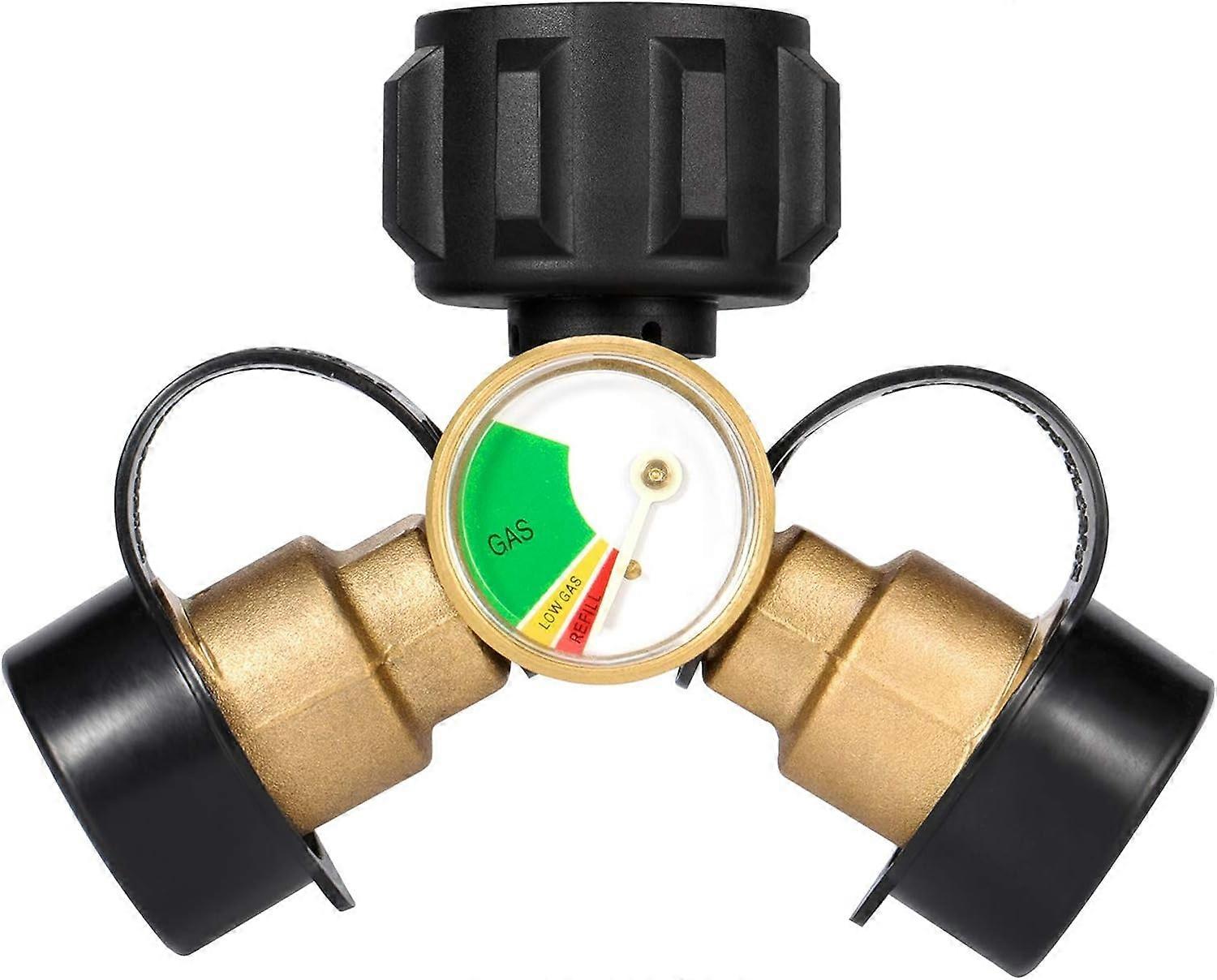 Propansplitter, 2-vejs propantank y splitadapter med manometer, LPG-adapter T-grillforbindelse