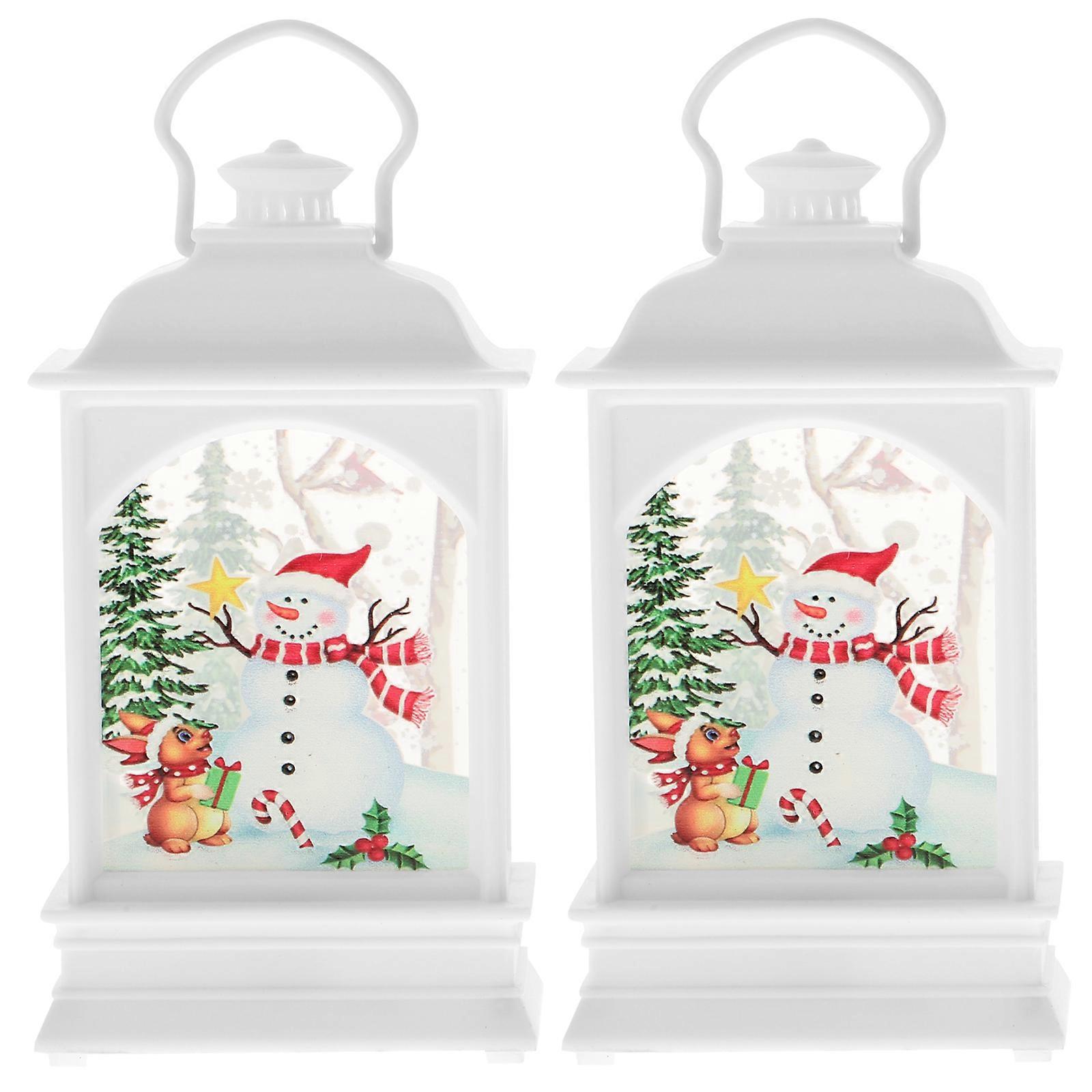 2pcs Christmas Portable Storm Lantern Creative Color Painting Light Decorative Lamp Party Props (White Snowman)
