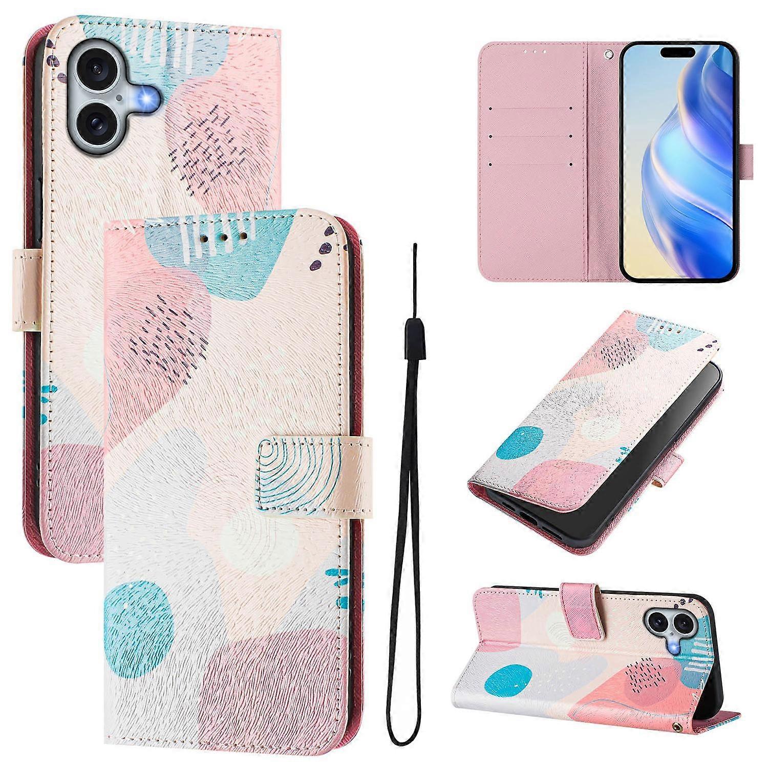 For iPhone 16 Plus Case Pattern Printing Wallet Phone Cover with Strap - Graffiti
