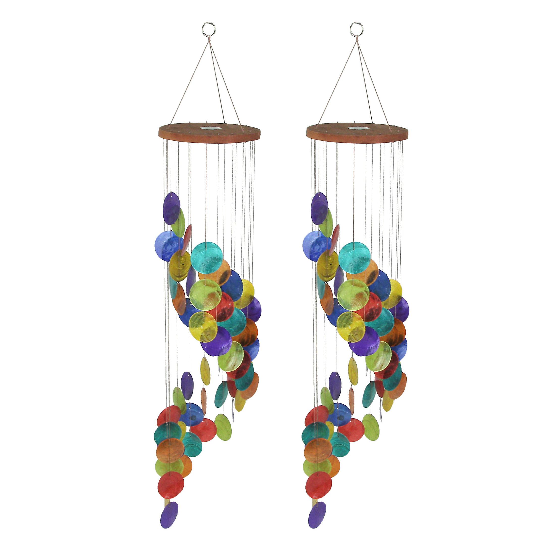 Set of 2 Dyed Capiz Shell 26 Inch Long Spiral Wind Chimes Rainbow Colors Garden Patio