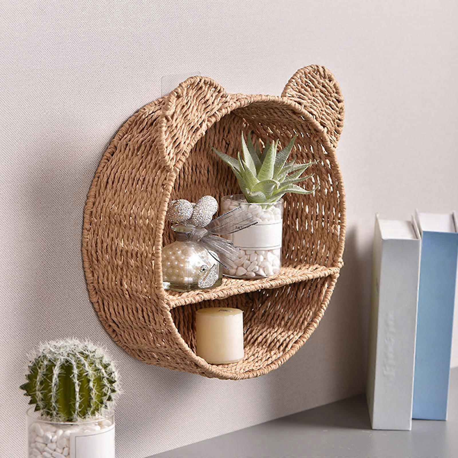 Rattan Small Plant Display Storage Rack Cute Bear Ear Wall Mounted ...