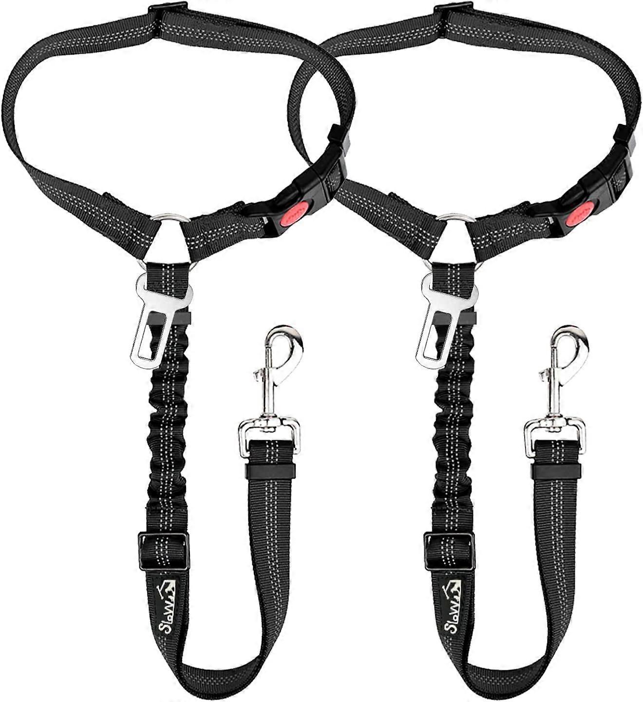 Dog Seat Belt for Car - Adjustable 2 Pack Dog Harness with Elastic Bungee Buffer, Reflective Safety Tether, Black