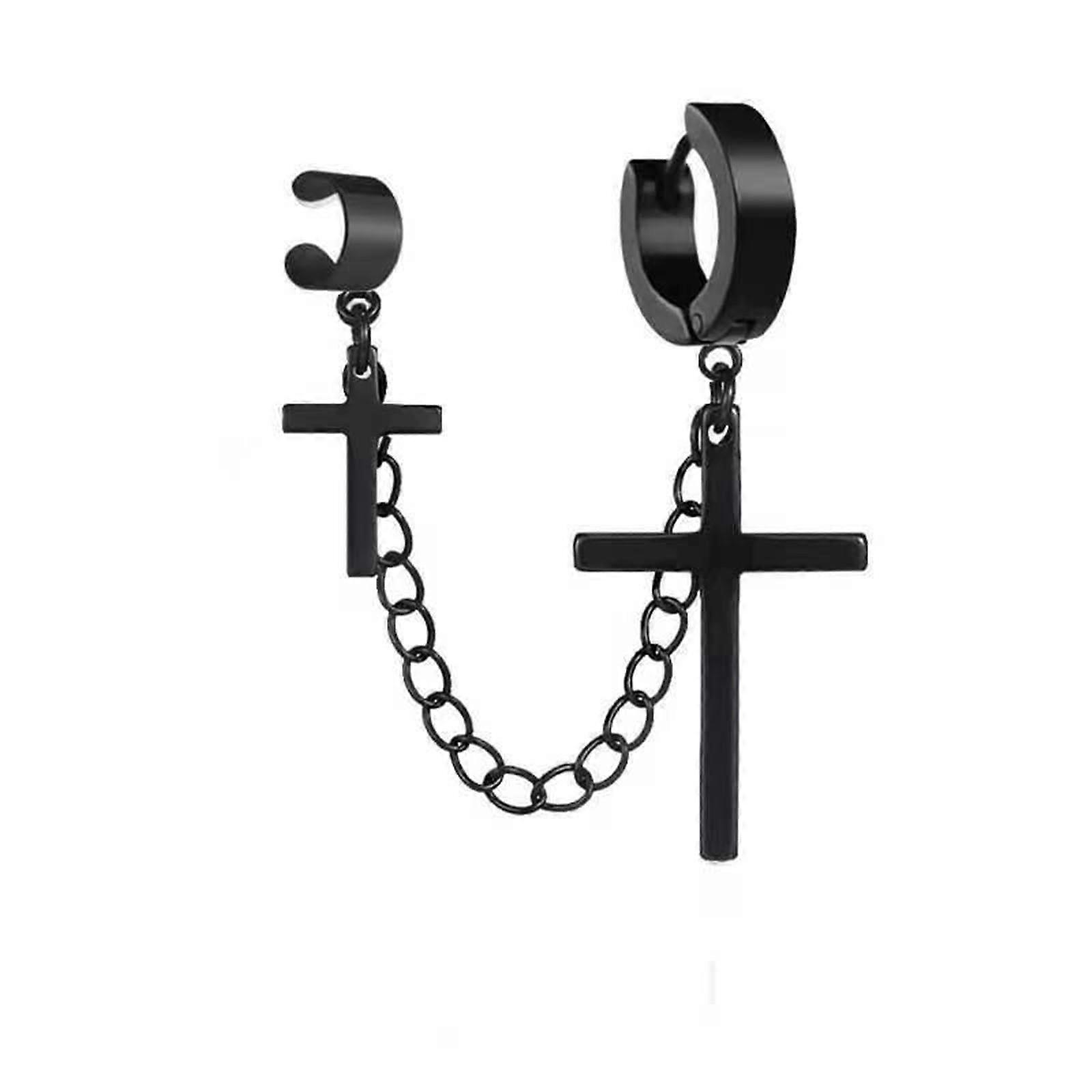 for Cross Tassel Chain Wide Cuff Wrap Clip on Small Hoop Dangle Drop Earrings Pu