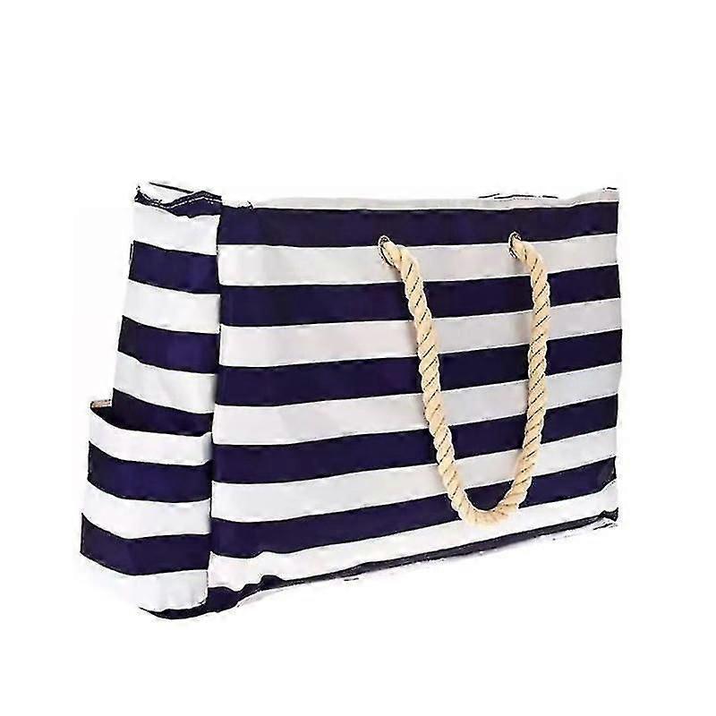 Borsa da spiaggia di grande capacità manico in corda di cotone borsa da spiaggia in tela a righe blu con tasca interna