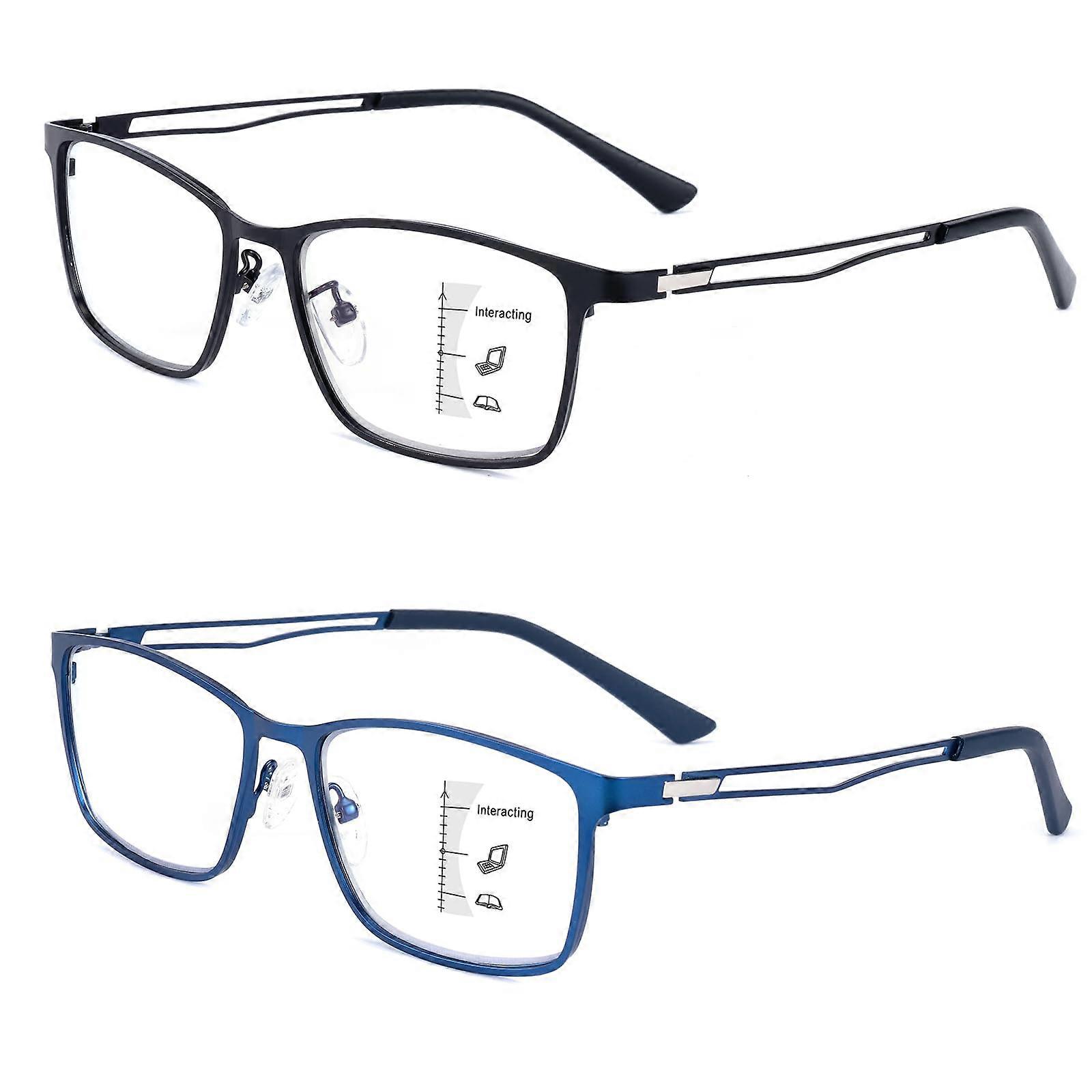 2 Pack Progressive Multifocus Reading Glasses, Premium Metal Frame, Multifocal No-Line, Blue Light Blocking, 2.0x Magnification