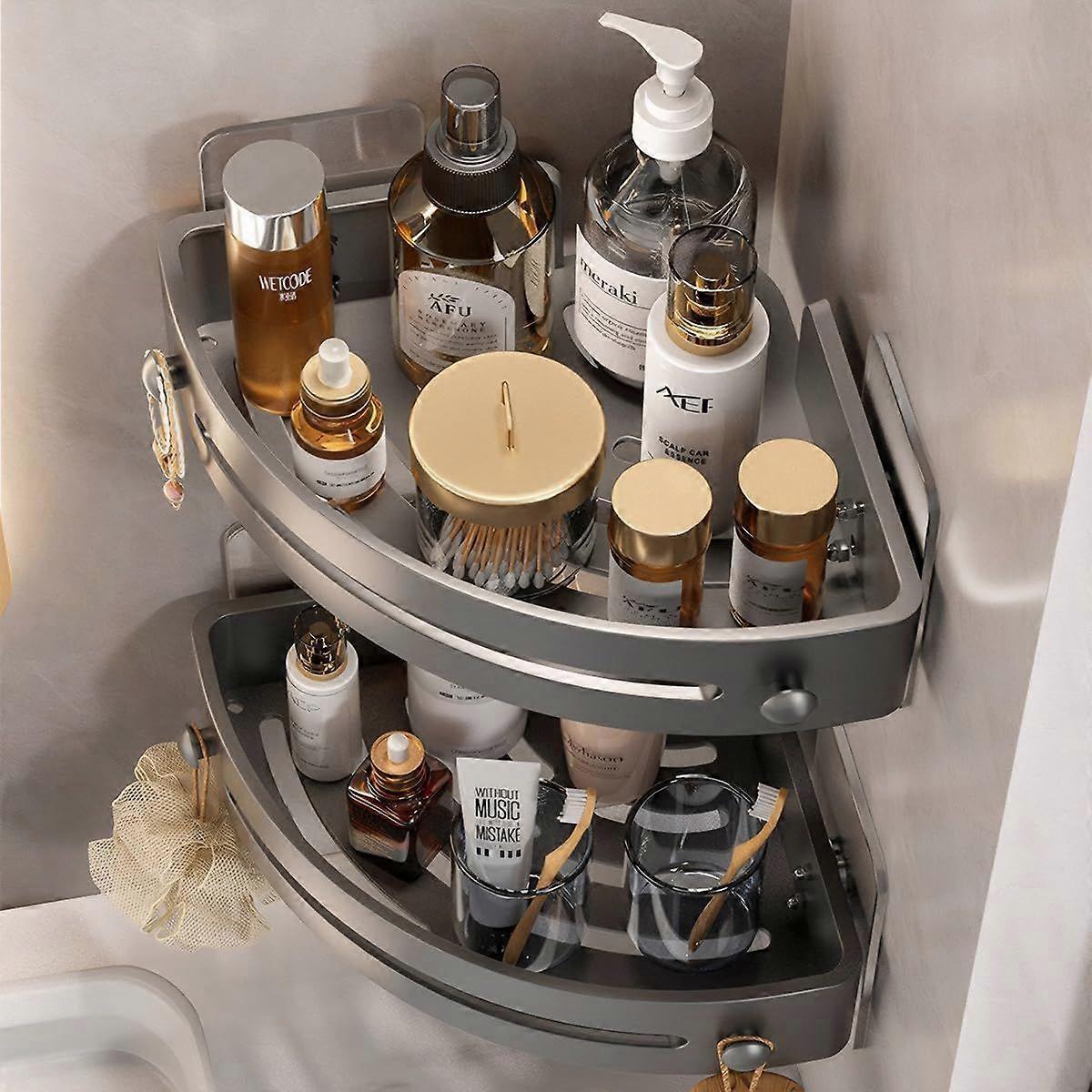 2pcs triangle wall mounted no drilling bathroom storage rack  (grey)