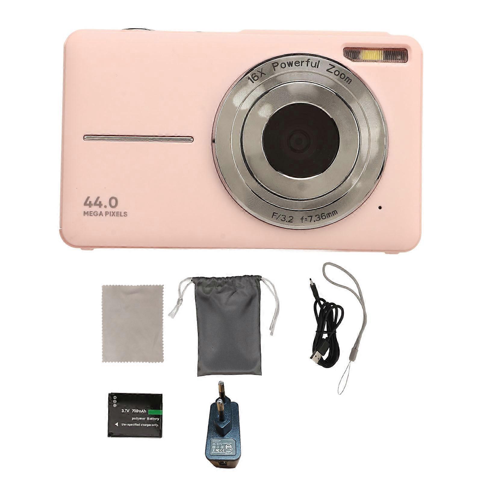 Digital Camera for Teens & Kids, 44MP 1080p HD 16x Digital Zoom Autofocus Compact Pocket Camera for Photography Travel Vlogging Pink EU Plug