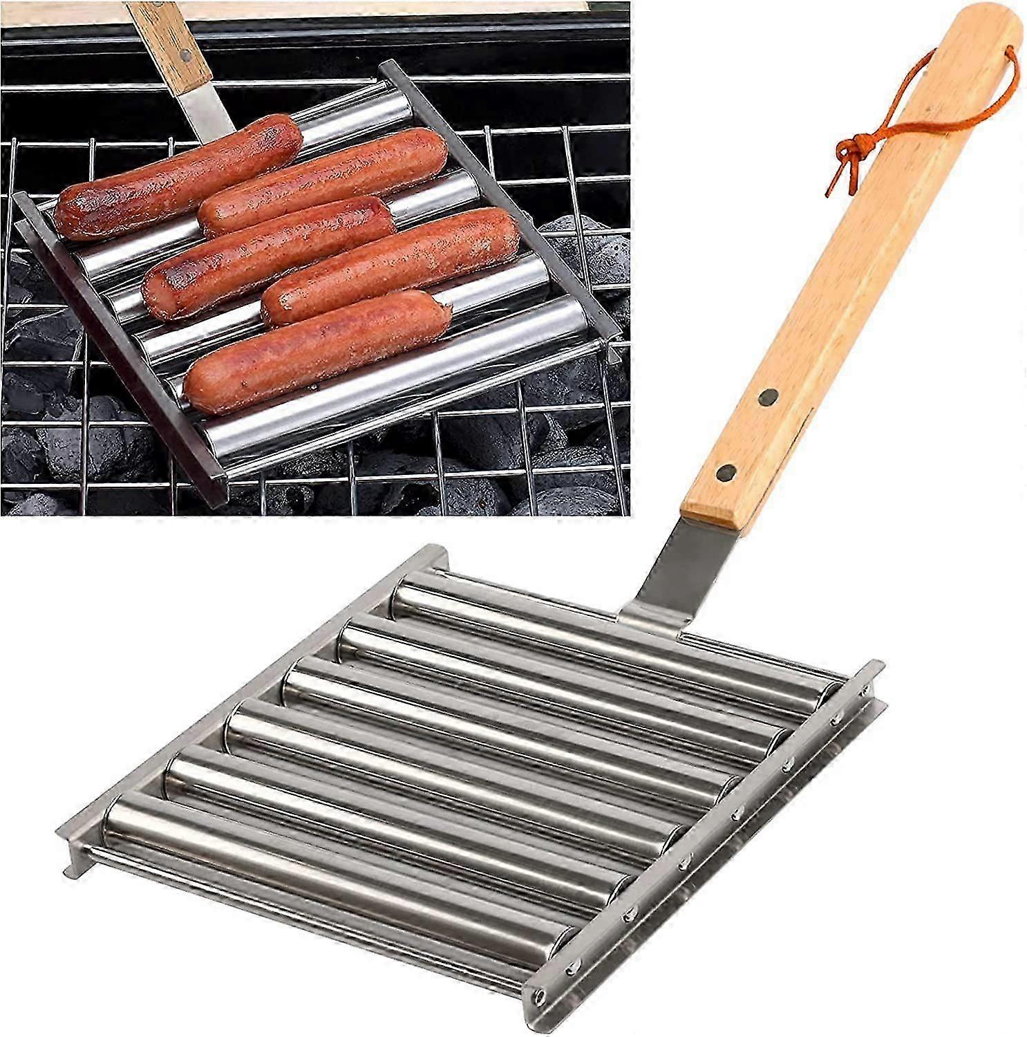 מתלה נקניקיות רולר נירוסטה נקניקיות עם ידית עץ ארוכה במיוחד, גרילר מנגל לבישול שווה