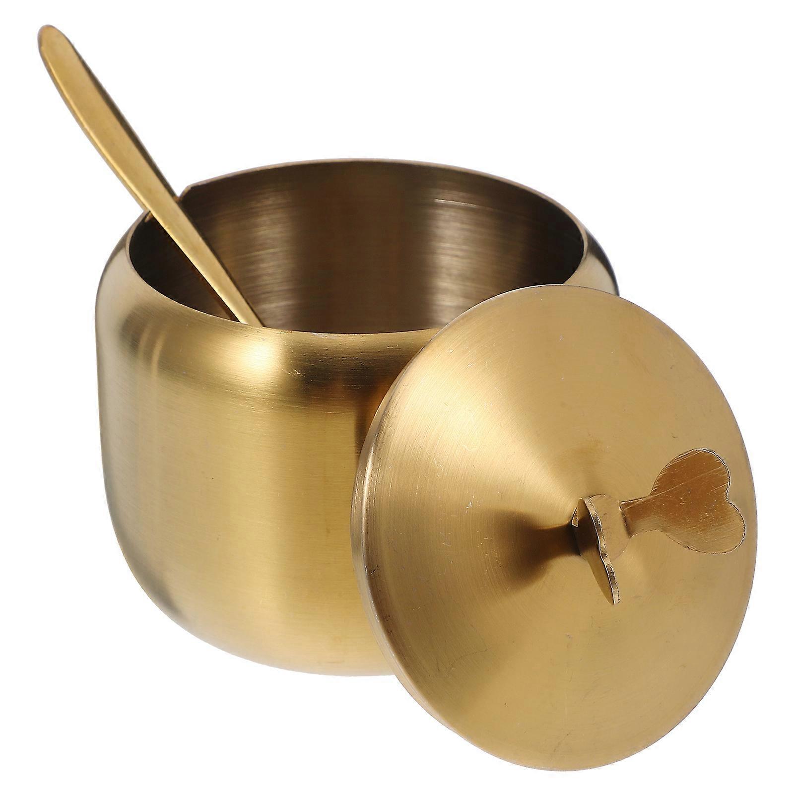 Stainless Steel Sugar Bowl with Lid & Spoon, Non Slip Base, Golden Finish – Secure Storage for Sugar, Spices & Condiments