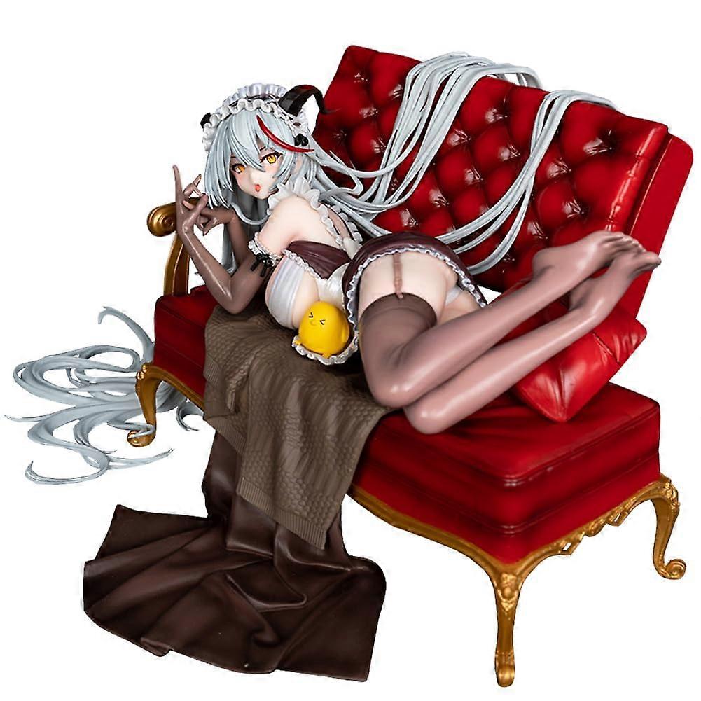 Game Character KMS Agir Maid Figure Reclining Pose Statue with Sofa Base Model Desktop Ornaments Black Silk 16 cm