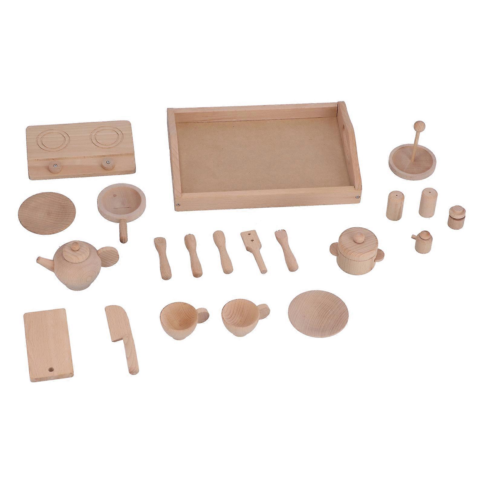 Kids Kitchen Utensils Playset Mini Wooden Teapot Cups Simulation Kitchen Pretend Play Toys