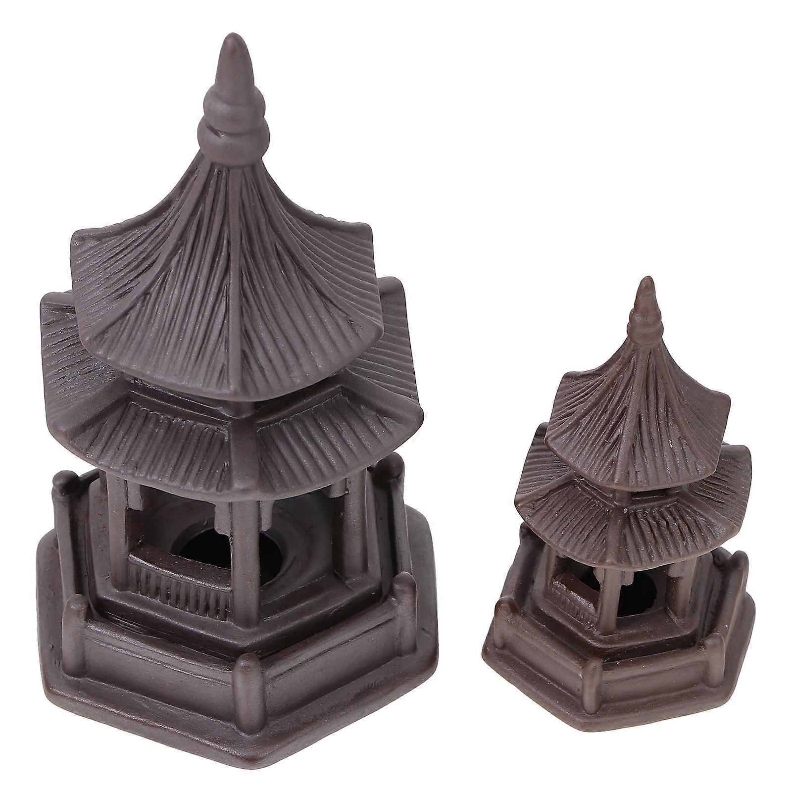 2pcs Brown Pavilion Ornaments, Decorative Micro Landscape Adornments for Tea Table, Desk, and Home Decor, Elegant Chinese Style Crafts for Bookshelf