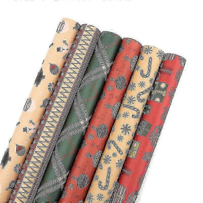 Christmas Gift Wrapping Paper 6 Pcs,kraft Paper 70x50cm With 6 Unique Designs,with Jute String And-YUHAO