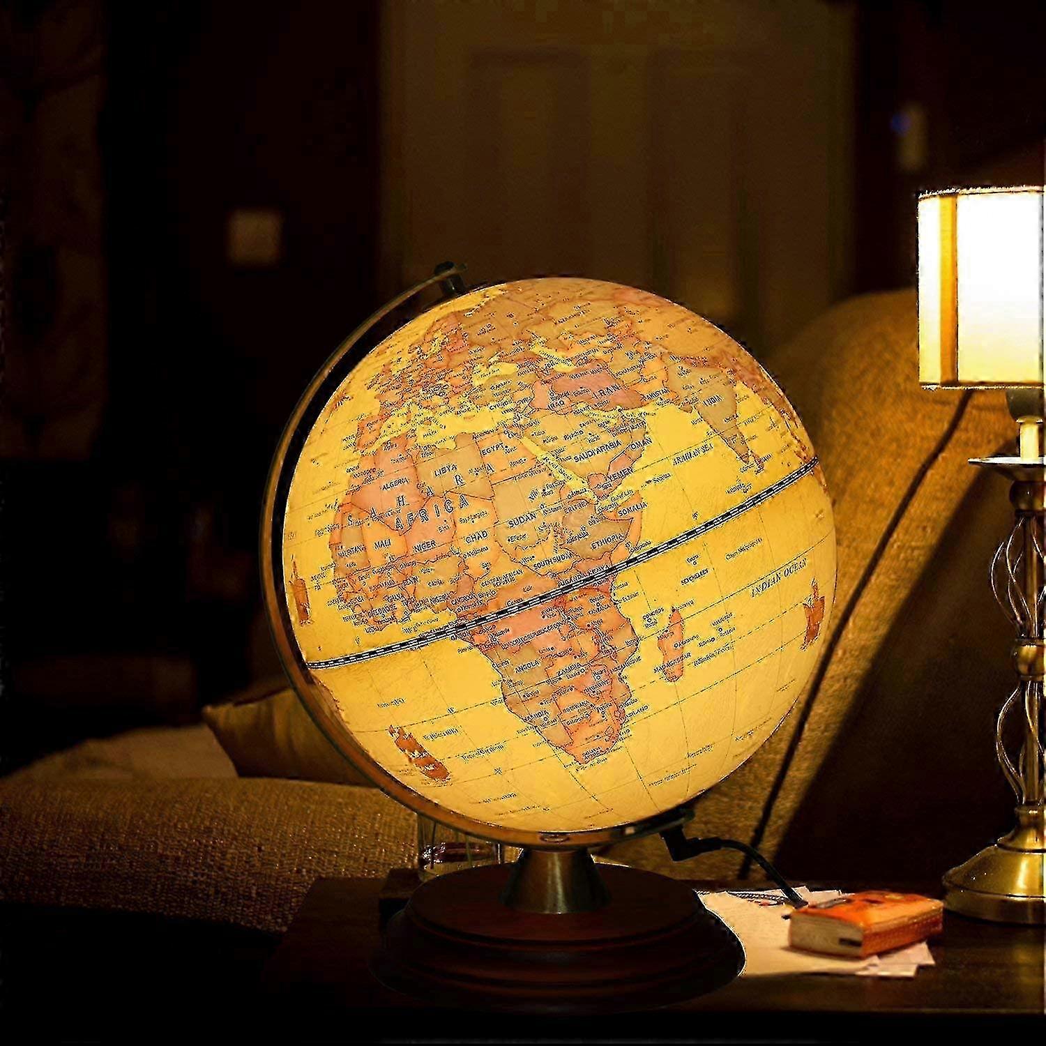 Illuminated World Globe for Kids with Wooden Stand,Built in LED for Illuminated Night View Antique Globe