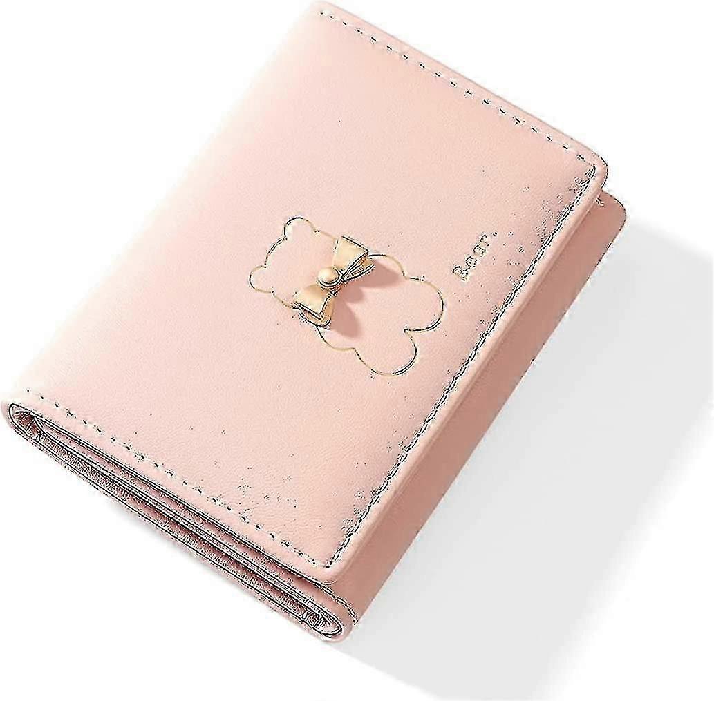 حقيبة أداة محافظ صغيرة للفتيات لطيف الدب طباعة محفظة صغيرة ثلاثية أضعاف محفظة معرف بطاقة الجيب حامل نافذة عملة محفظة للنساء (وردي)