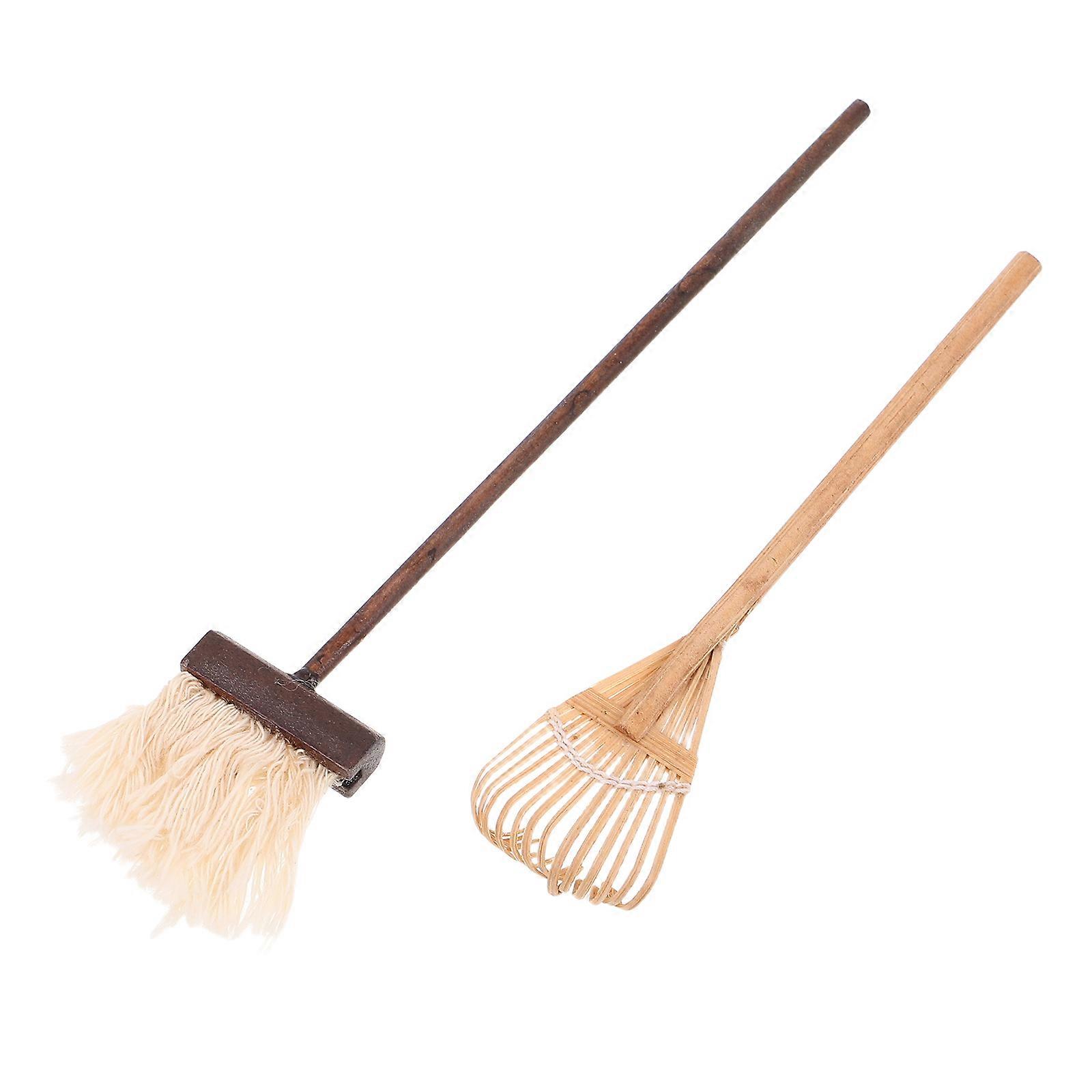 Mini Dollhouse Garden Tool Set Wood Rake and Mop for Decor 4Pcs