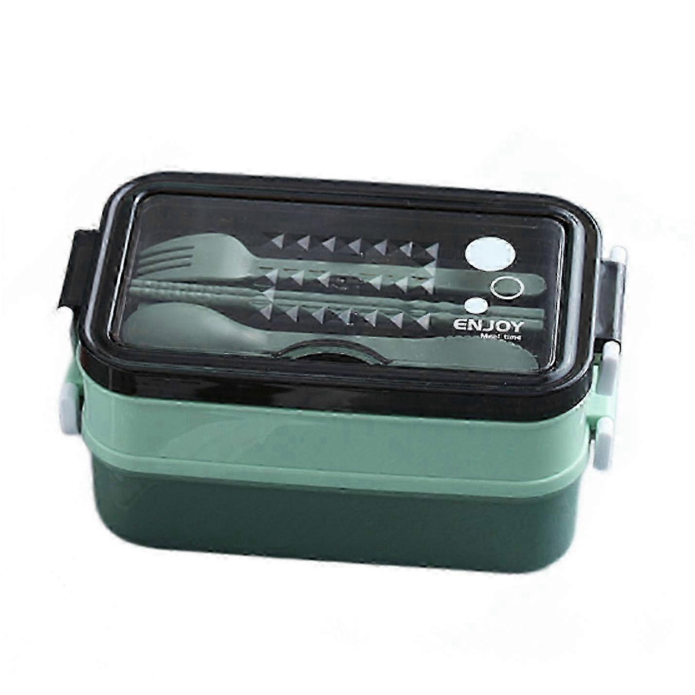 Green double-layer lunch box with spoon, fork, chopsticks, leak proof tableware