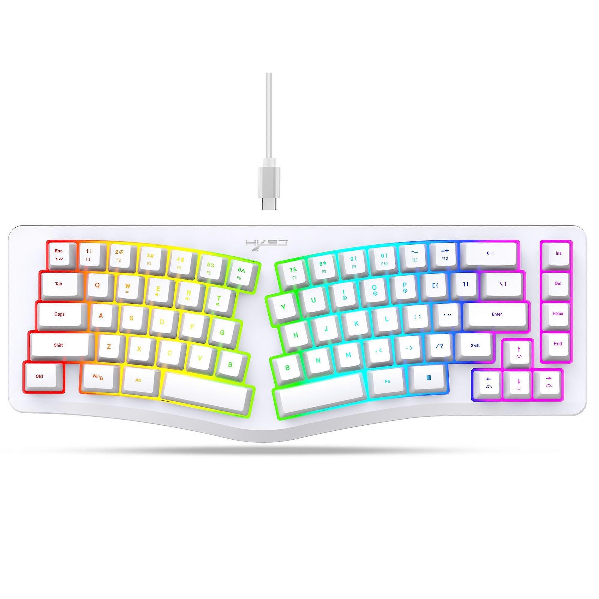 Wired Backlit Ergonomic Keyboard With Curved Design, Silent Membrane, Rainbow Backlight, 18 Modes, White, Win/Mac/Linux