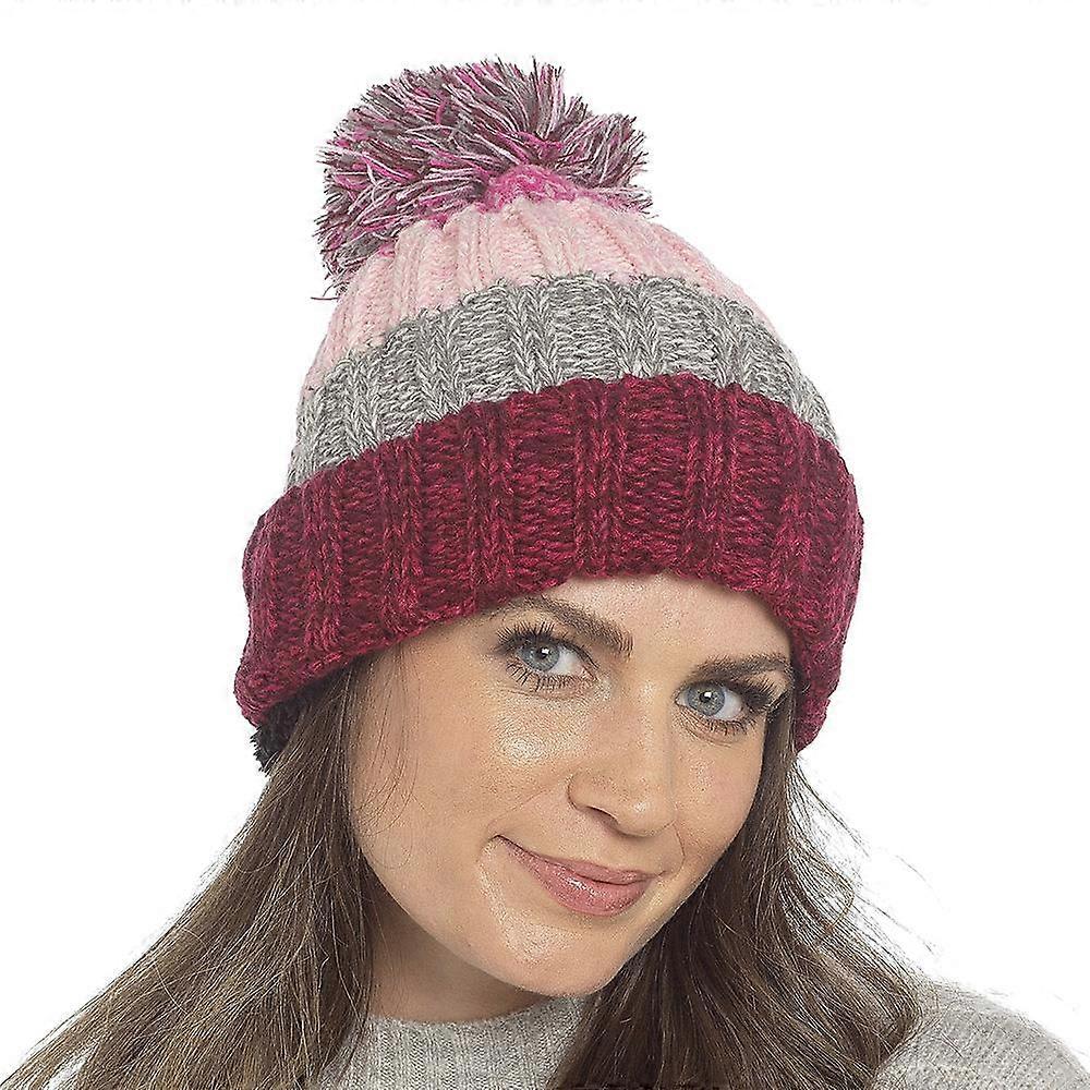 A2Z Womens Twist Yarn Stripe Beanie With Pom Pom And Sherpa Fleece Lining