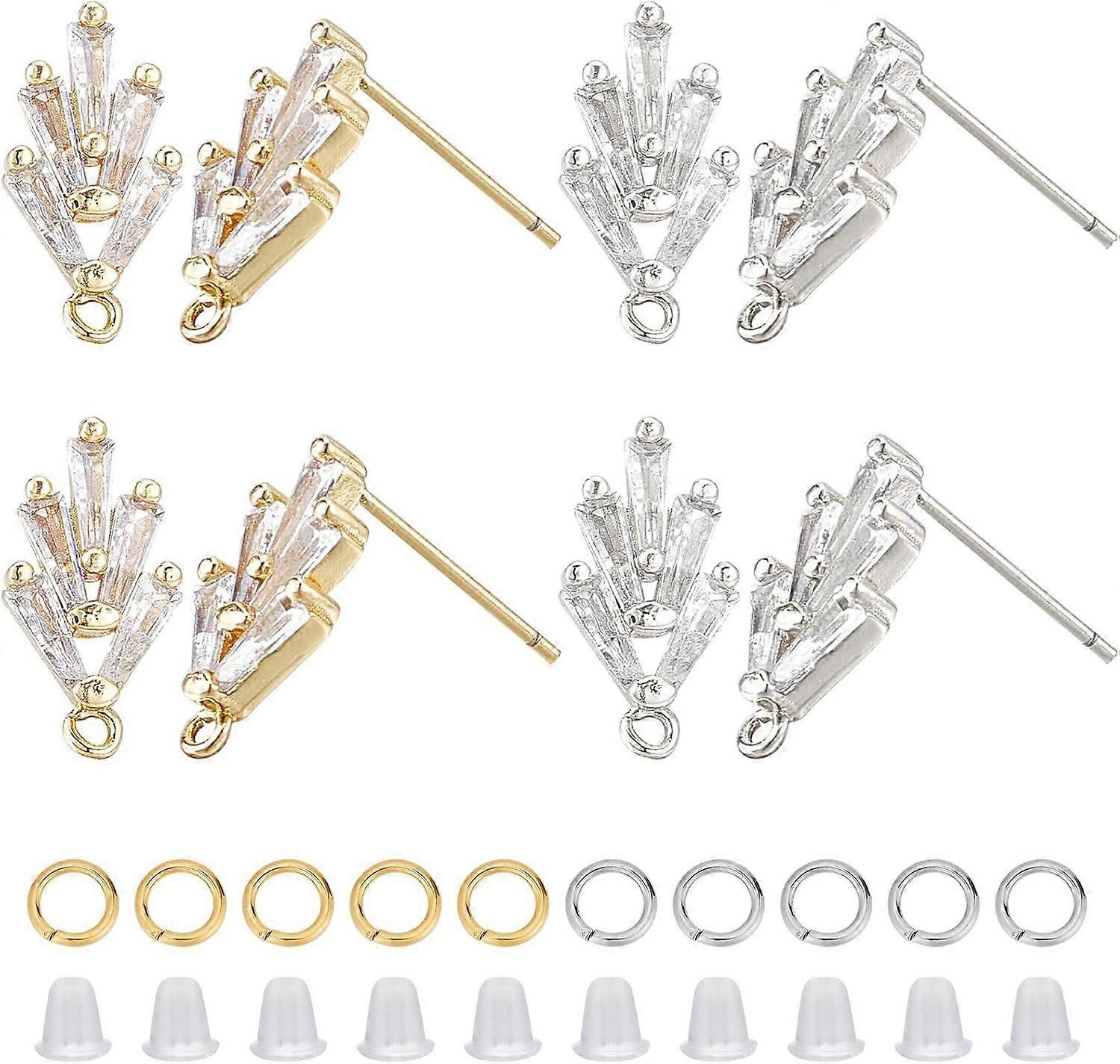 1 Box 8Pcs Cubic Zirconia Earrings Studs Earring Post findings Gold Silver Metal Brass Wheat Shaped Ear Wire Stud Posts with Open Jump Rings Backs for
