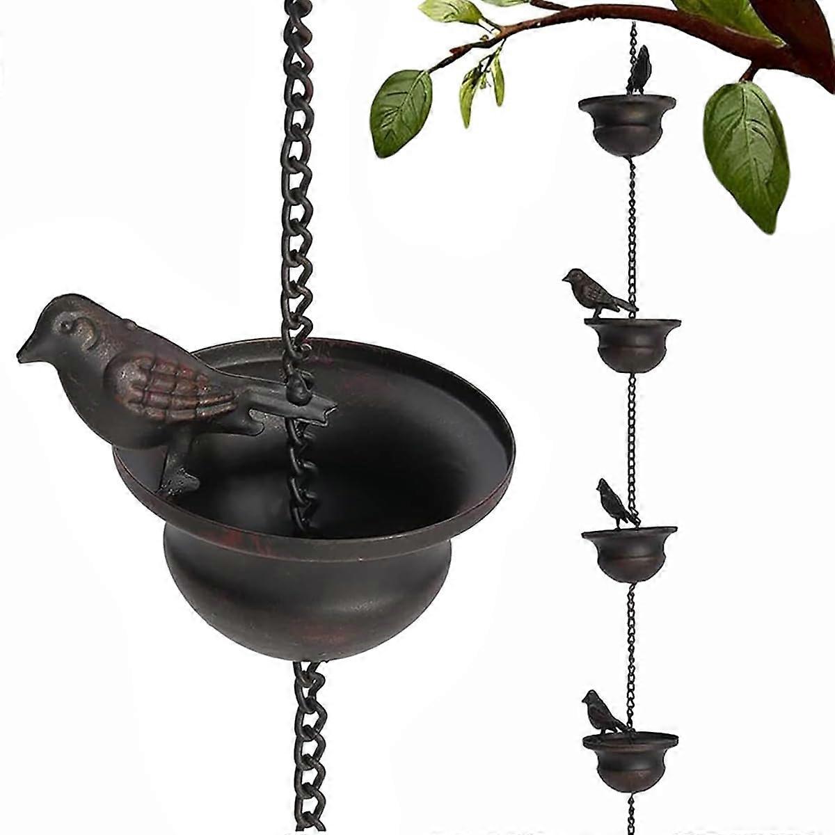 Rain Chain 8FT with Hummingbird Cups for Gutters, Outdoor Downspout Replacement with Basin and Hanger