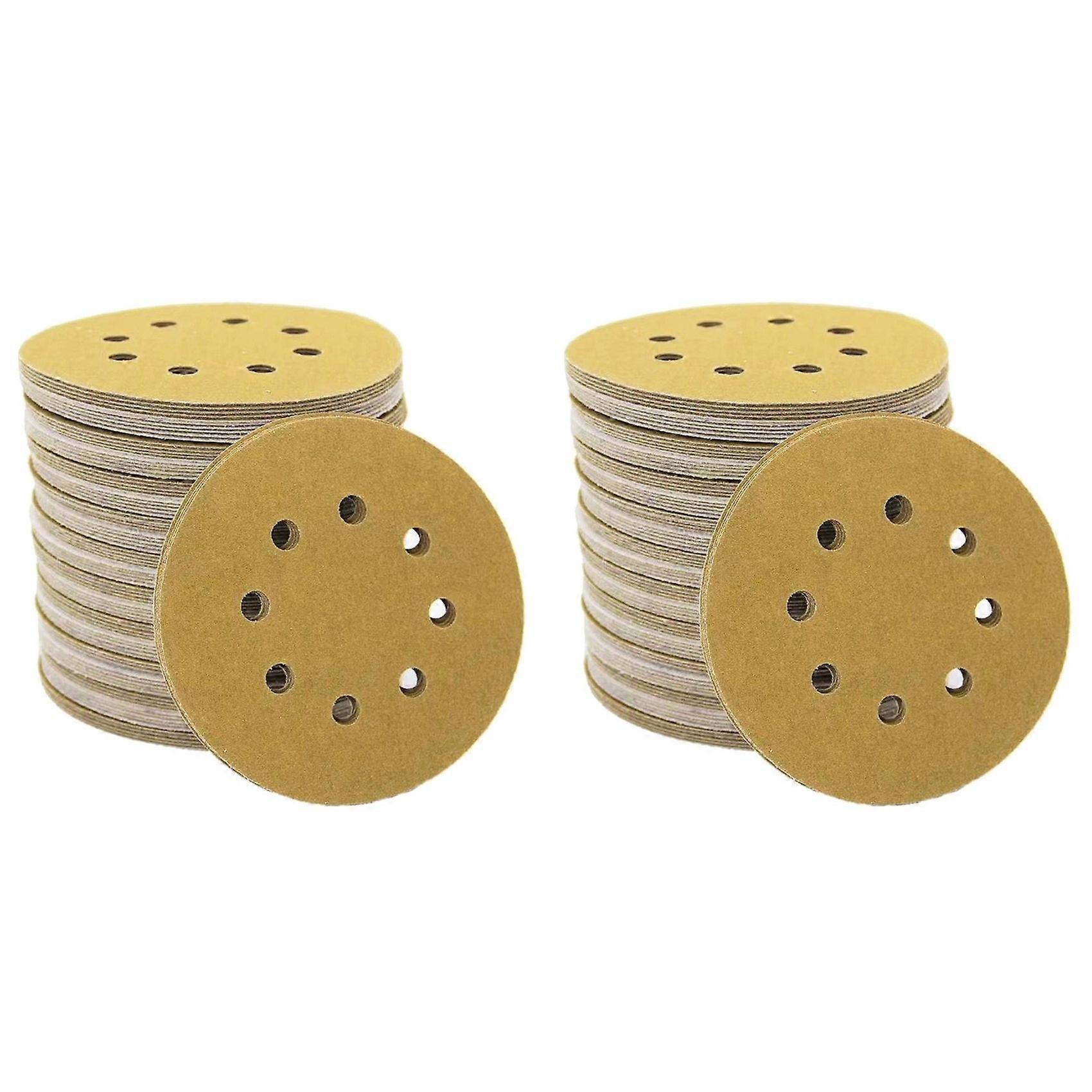 200pcs 5Inch Yellow Sanding Discs 8Hole P120 Hook and Loop Aluminum Oxide Sandpapers for Polishing Random Orbital Sander
