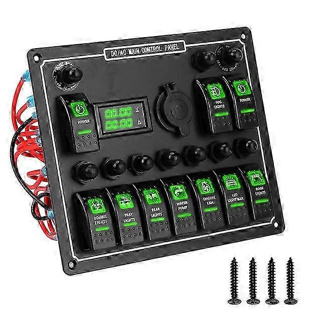 Circuit breaker switch panel with 10 illuminated buttons for truck, trailer, and marine electrical systems.